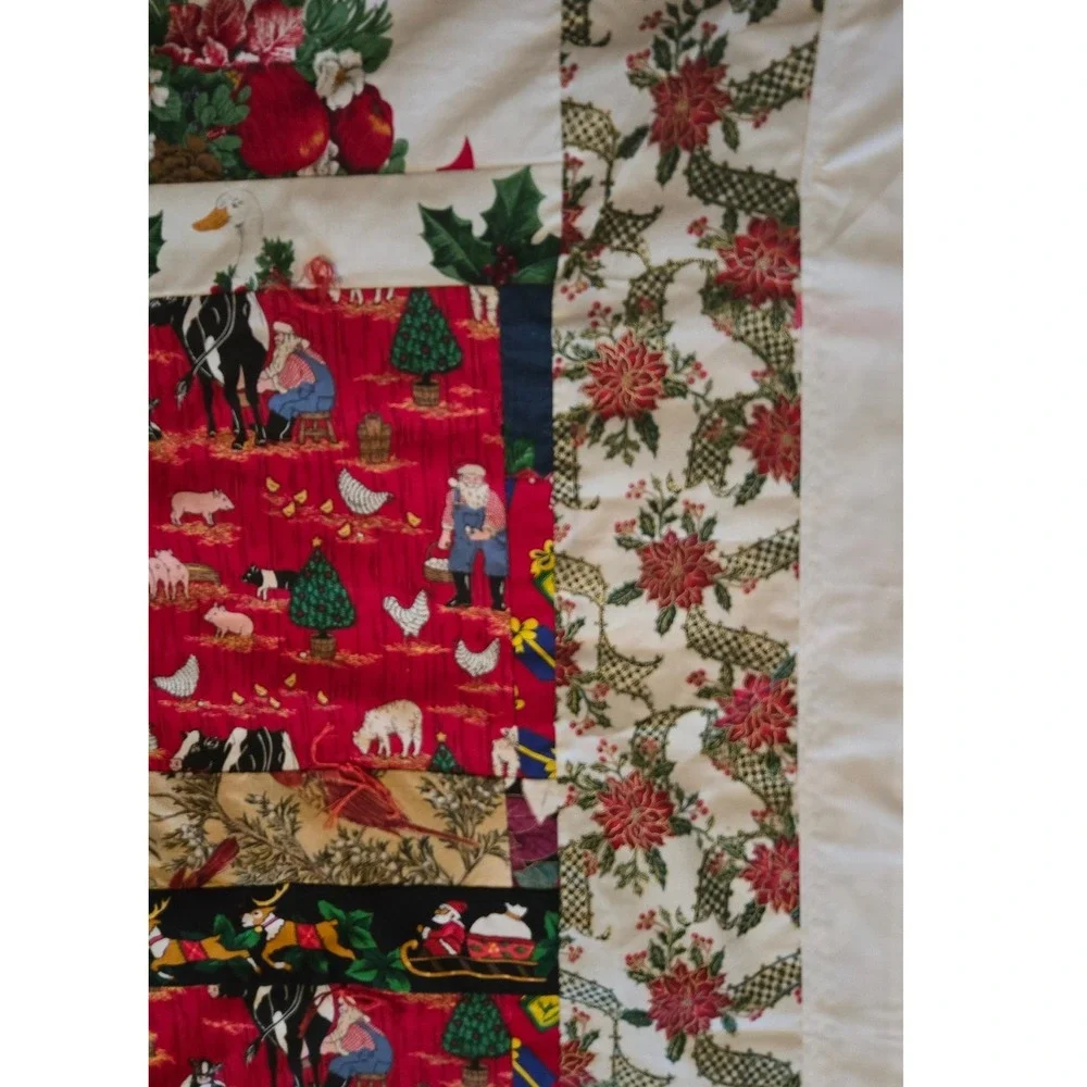 Handmade Christmas Patchwork Quilt Farmer Santa John Deere Plaid Rustic Red
